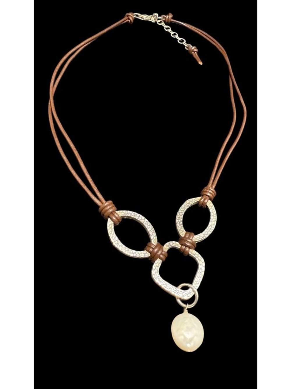 Silpada Sterling 925 Coin Pearl Necklace Brown Leather Cord 18" Adjustable